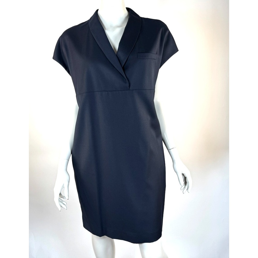 Port 1961 Wool Sheath Dress Women 10 Lined V-neck Short Sleeve Pockets Navy Blue